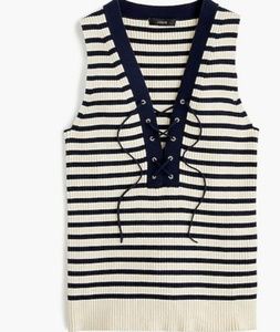 J. CREW Ribbed Lace-Up Sleeveless Striped Navy Ecru Knit Sweater NEW